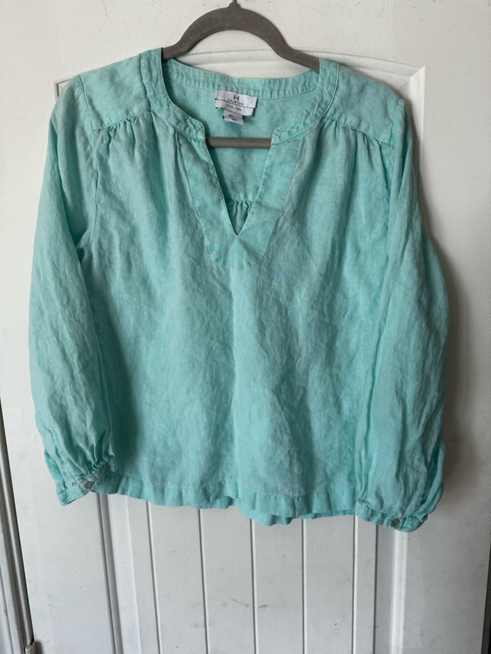 Halston 100% Linen Popver V-Neck Tunic Blouse in Aqua Blue - Size Large